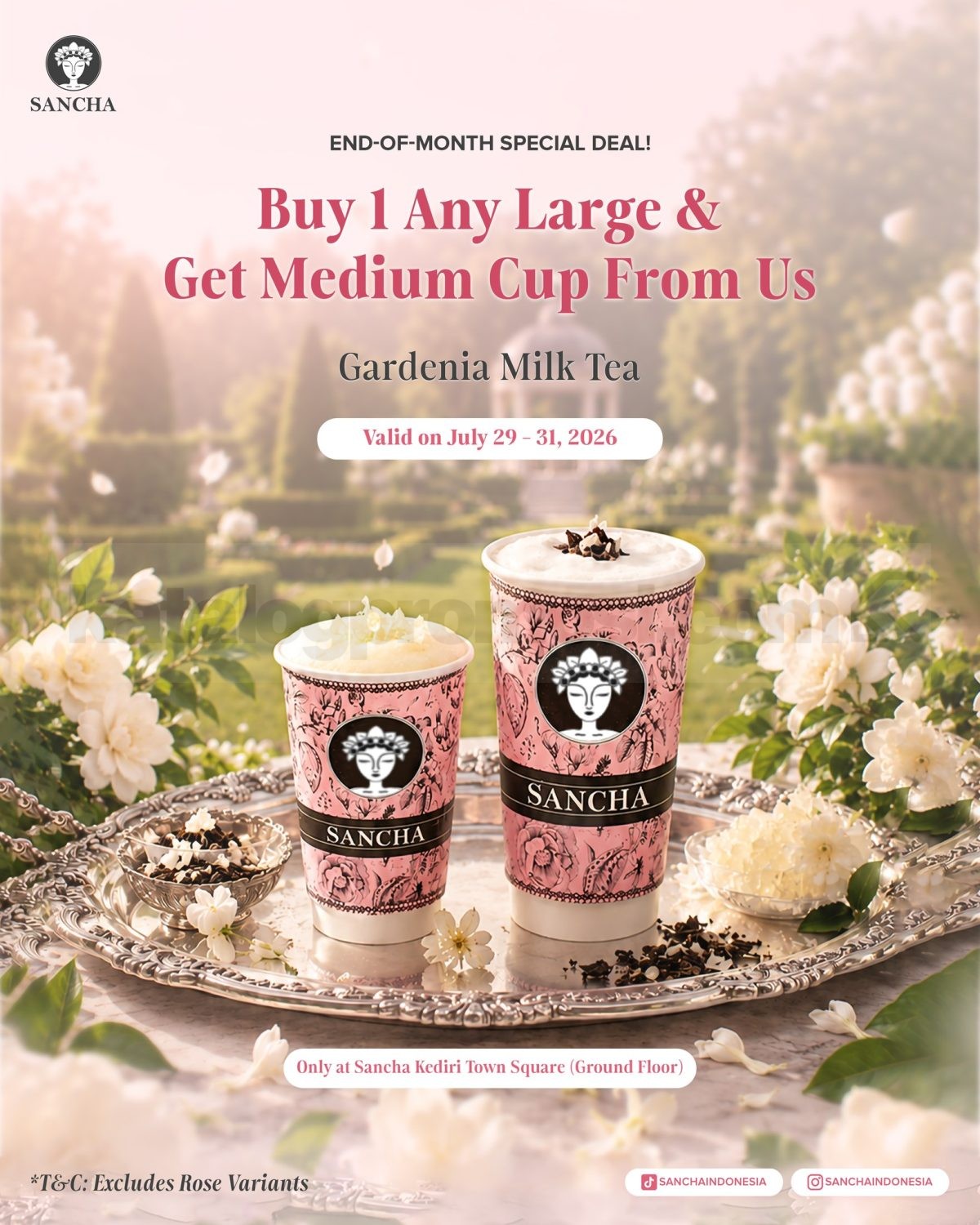 Promo Sancha Opening Kediri Town Square Beli 1 Gratis 1 Milk Tea Promo Sancha Opening Kediri Town Square Beli 1 Gratis 1 Milk Tea berlaku 29 Juli 2026 hingga 31 Juli 2026.