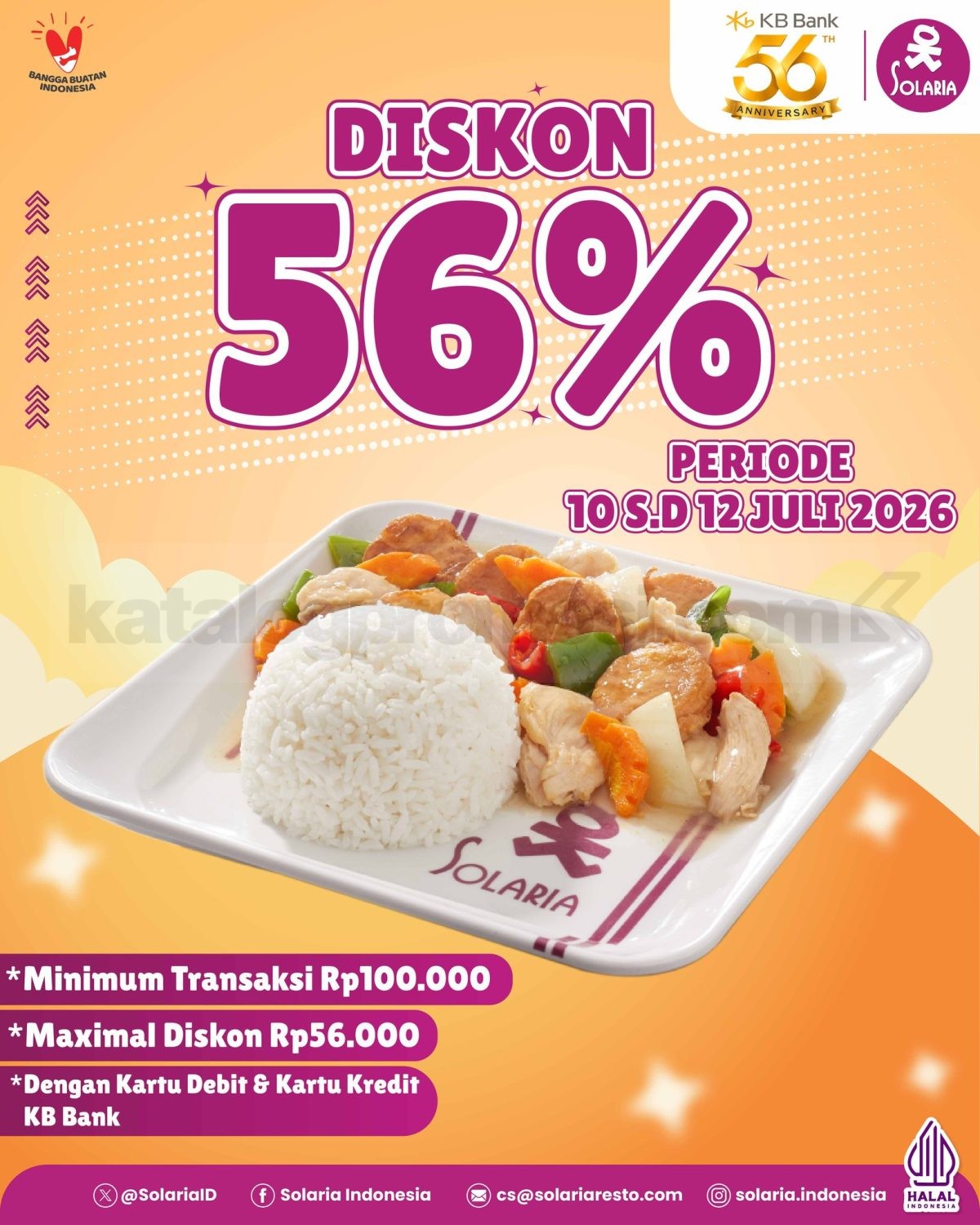 Promo Solaria HUT KB Bank Diskon 56% Promo Solaria HUT KB Bank Diskon 56% menggunakan Kartu Kredit atau Debit KB Bank pada 10–12 Juli 2026.
