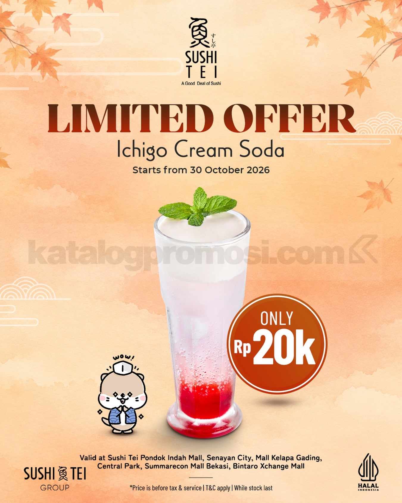Promo Sushi Tei NEW! Ichigo Cream Soda Rp20.000 Promo Sushi Tei NEW! Ichigo Cream Soda Rp20.000 dengan rasa stroberi, soda segar, dan topping creamy.