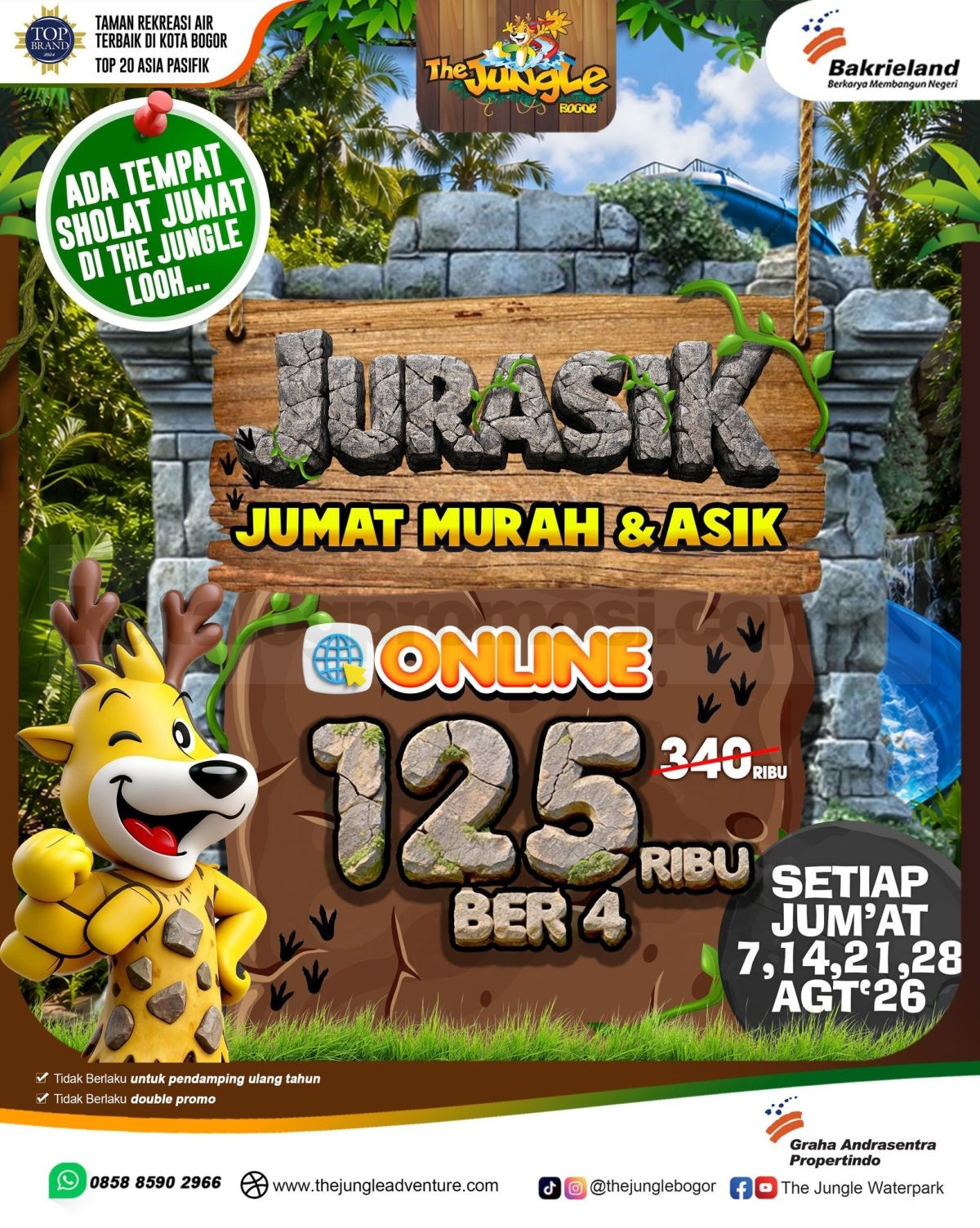 Promo The Jungle JURASIK Jumat Murah Asik Mulai Rp. 50.000 Promo The Jungle JURASIK Jumat Murah Asik Mulai Rp. 50.000 dengan pilihan tiket hemat setiap Jumat Agustus 2026.