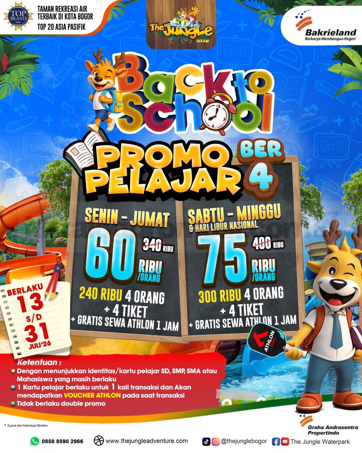 Promo The Jungle Pelajar Ber-4 Tiket Mulai Rp. 60.000 Promo The Jungle Pelajar Ber-4 Tiket Mulai Rp. 60.000 untuk pelajar dan mahasiswa dengan bonus Voucher Athlon Bogor.
