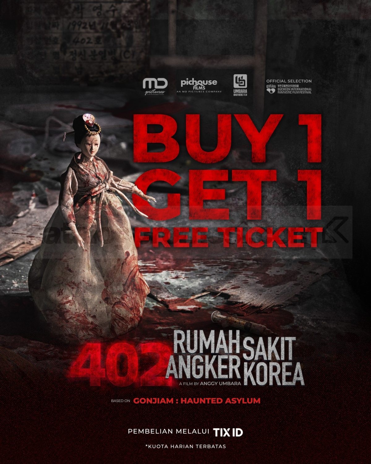 Promo TIX ID Buy 1 Get 1 Film 402 Rumah Sakit Angker Korea Promo TIX ID Buy 1 Get 1 Film 402 Rumah Sakit Angker Korea berlaku mulai 9 Juli 2026 untuk pembelian minimal 2 tiket.