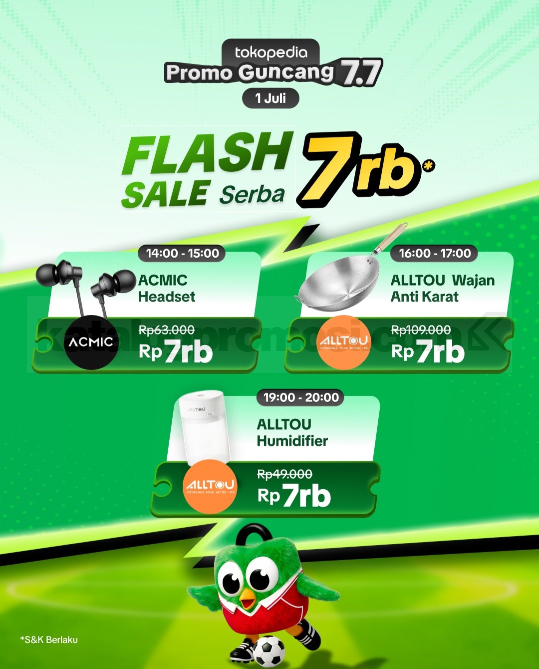 Promo Tokopedia Guncang 7.7 Flash Sale Serba Rp7.000 Promo Tokopedia Guncang 7.7 Flash Sale Serba Rp7.000 dengan jadwal produk periode 1–7 Juli 2026.