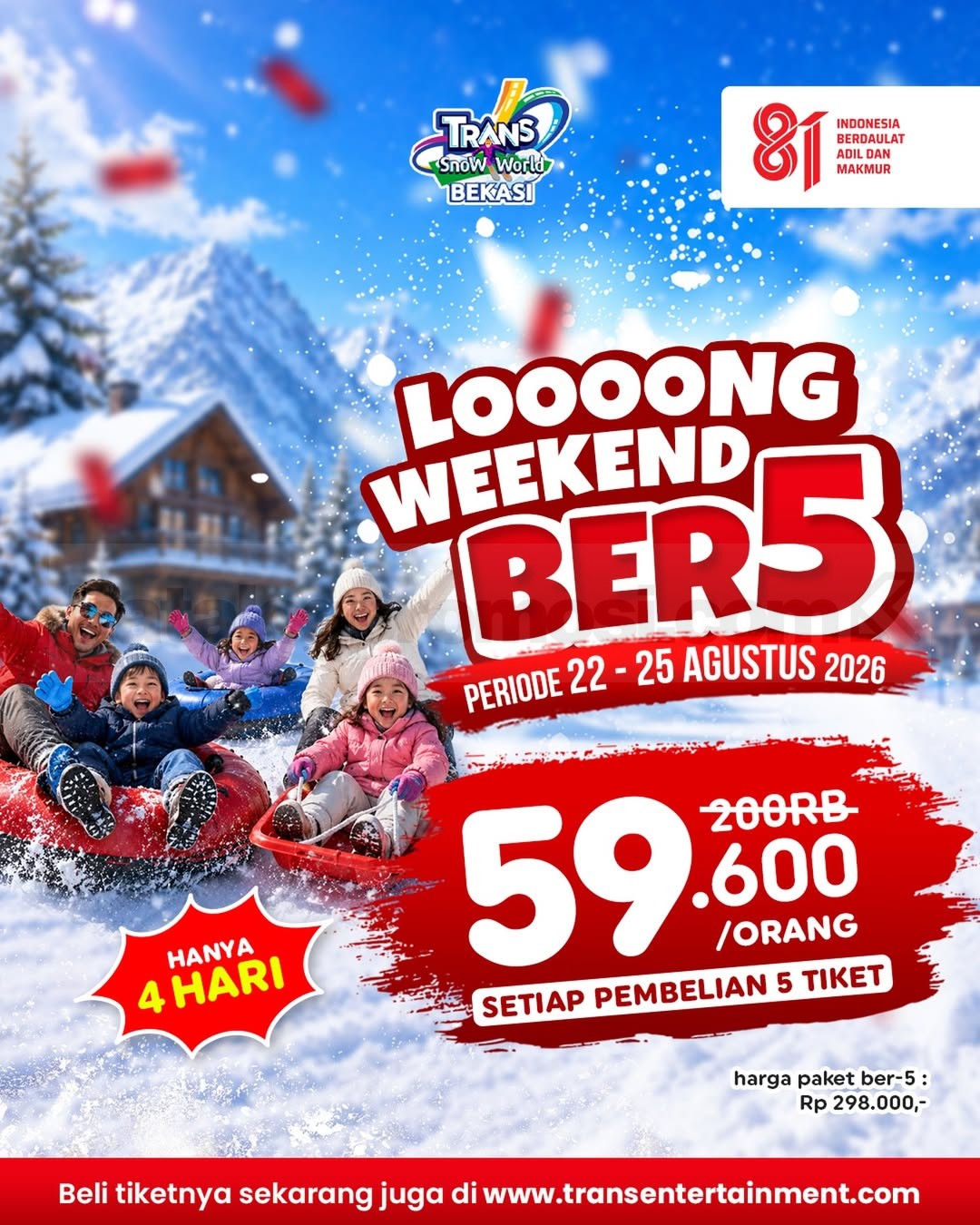 Promo Trans Snow World Bekasi Long Weekend Rp59.600 Promo Trans Snow World Bekasi Long Weekend Rp59.600 untuk pembelian 5 tiket termasuk Snowtube