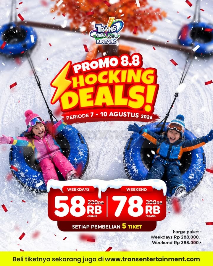 Promo Trans Snow World Bintaro 8.8 Shocking Deals Mulai Rp58.000 Promo Trans Snow World Bintaro 8.8 Shocking Deals Mulai Rp58.000 dengan tiket hemat termasuk kereta gantung dan sepatu boots.