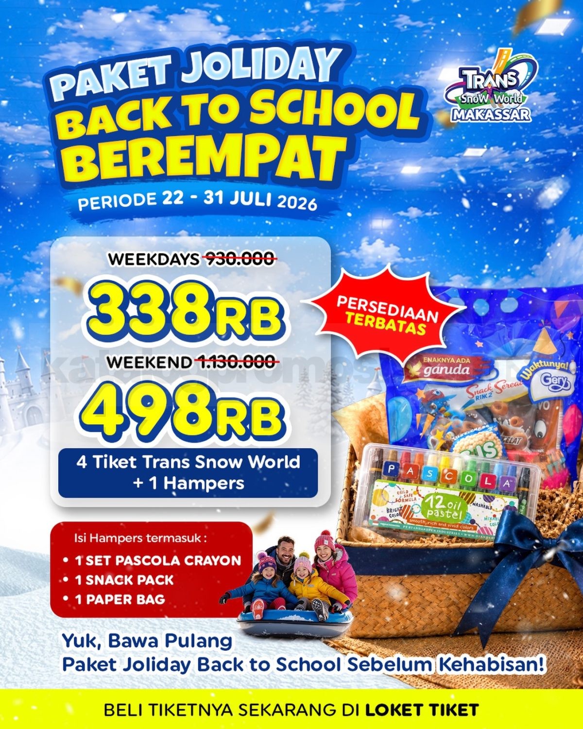 Promo Trans Snow World Makassar Paket Berempat Mulai Rp. 338.000 Promo Trans Snow World Makassar Paket Berempat Mulai Rp. 338.000 dengan 4 tiket dan bonus hampers Back to School.