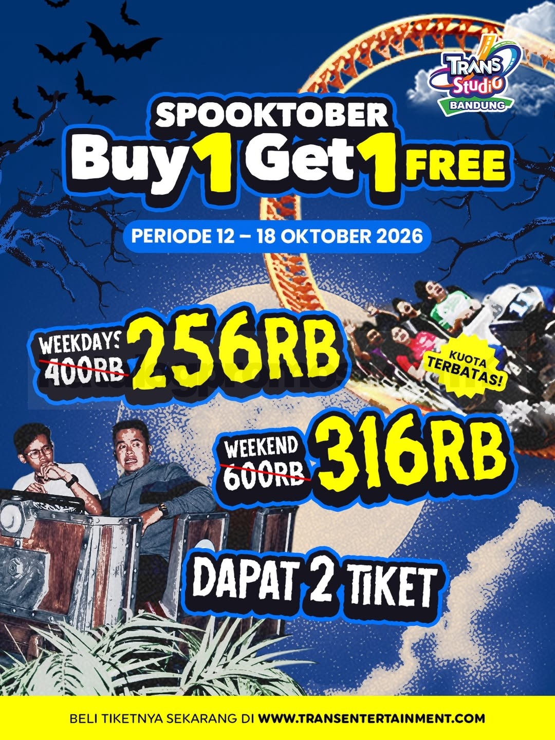 Promo Trans Studio Bandung Spooktober Sale Buy 1 Get 1 Free Promo Trans Studio Bandung Spooktober Sale Buy 1 Get 1 Free untuk 2 tiket mulai Rp256.000.