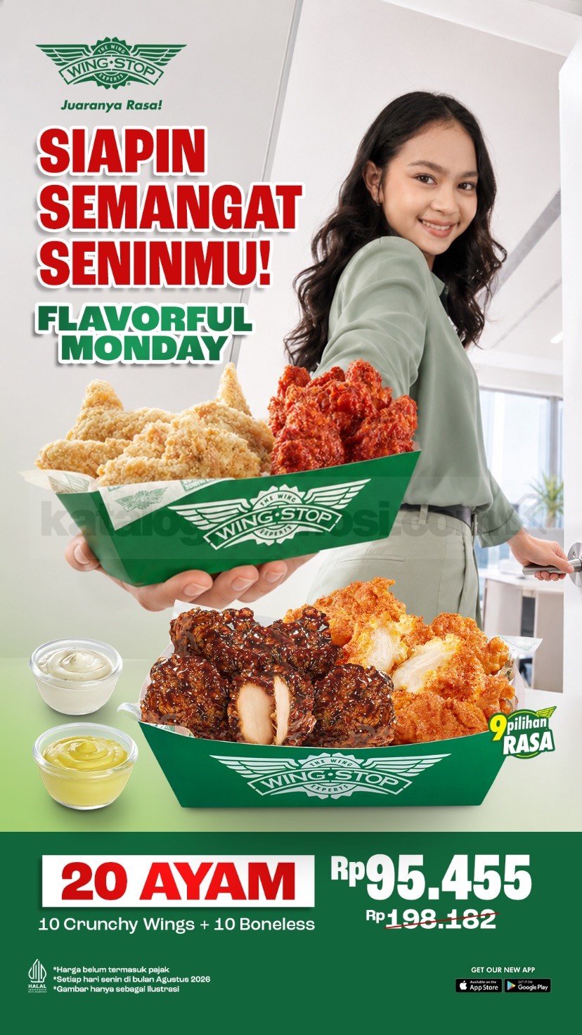 Promo Wingstop Flavorful Monday 20 Ayam Rp95.455 Promo Wingstop Flavorful Monday 20 Ayam Rp95.455 dengan paket 10 Crunchy Wings dan 10 Boneless.