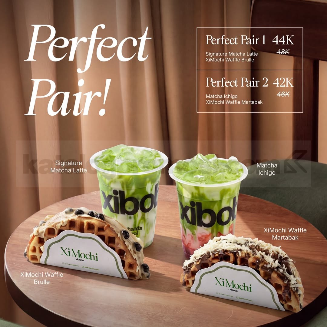 Promo Xiboba Perfect Pair Mulai Rp 42.000 Promo Xiboba Perfect Pair Mulai Rp 42.000 dengan pilihan paket XiMochi Waffle dan minuman matcha.