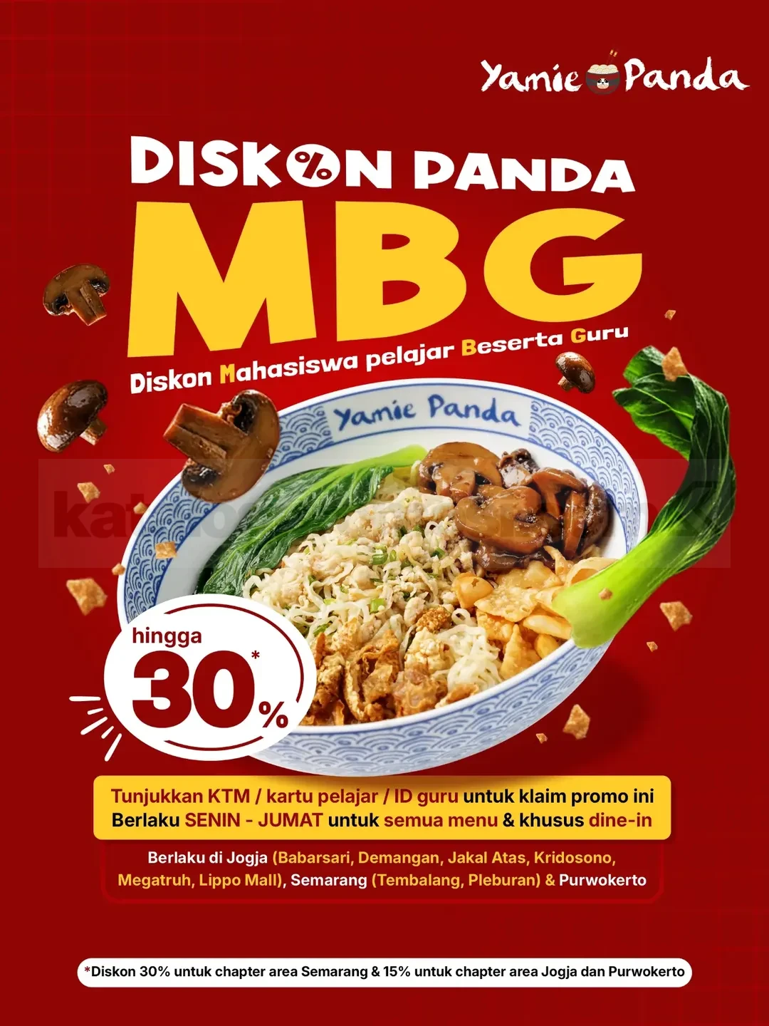 Promo Yamie Panda MBG Diskon Hingga 30% Promo Yamie Panda MBG Diskon Hingga 30% untuk mahasiswa, pelajar, dan guru di Jogja, Semarang, Purwokerto