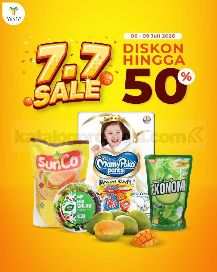 Promo Yogya Online 7.7 Sale Diskon hingga 50% Promo Yogya Online 7.7 Sale Diskon hingga 50% dengan harga spesial, potongan harga, dan promo beli hemat pada 6–9 Juli 2026.
