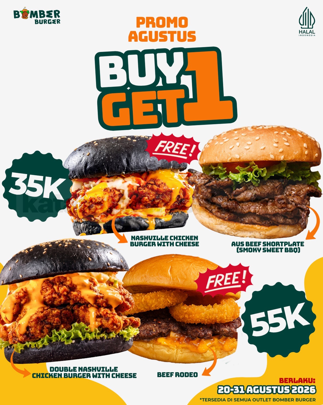 Promo Bomber Burger B1G1 Agustus Mulai Rp. 35.000 Promo Bomber Burger B1G1 Agustus mulai Rp. 35.000 dengan 2 burger dalam satu paket