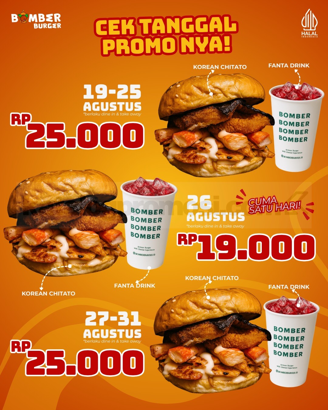 Promo Bomber Burger Flash Sale Korean Chitato + Fanta Cuma Rp. 19.000 Promo Bomber Burger Flash Sale Korean Chitato + Fanta Cuma Rp. 19.000 1