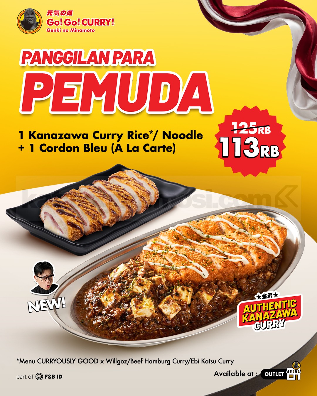 Promo Go! Go! Curry! Sumpah Pemuda Deals 2 Menu Cuma Rp113 Ribu Promo Go! Go! Curry! Sumpah Pemuda Deals 2 menu Rp113 ribu dengan Kanazawa Curry Rice atau Noodle dan Cordon Bleu.