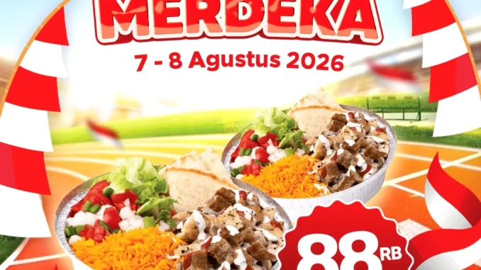 Promo The Halal Guys Combo Merdeka 2 Platter Rp. 88.000 berlaku 7–8 Agustus 2026.