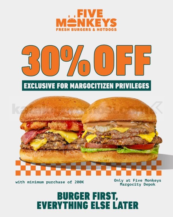 Spesial Diskon 30% Untuk Pemegang Kartu Margocitizen Spesial Diskon 30% Untuk Pemegang Kartu Margocitizen di Five Monkeys Margocity Depok dengan minimum pembelian Rp200.000.