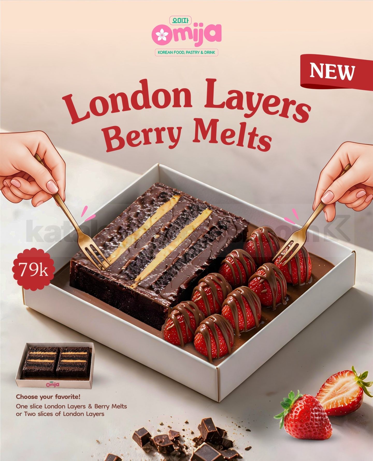 Promo Omija London Layers Berry Melts Cuma Rp79.000 Promo Omija London Layers Berry Melts Rp79.000 dengan cokelat dan stroberi di Blok M Plaza