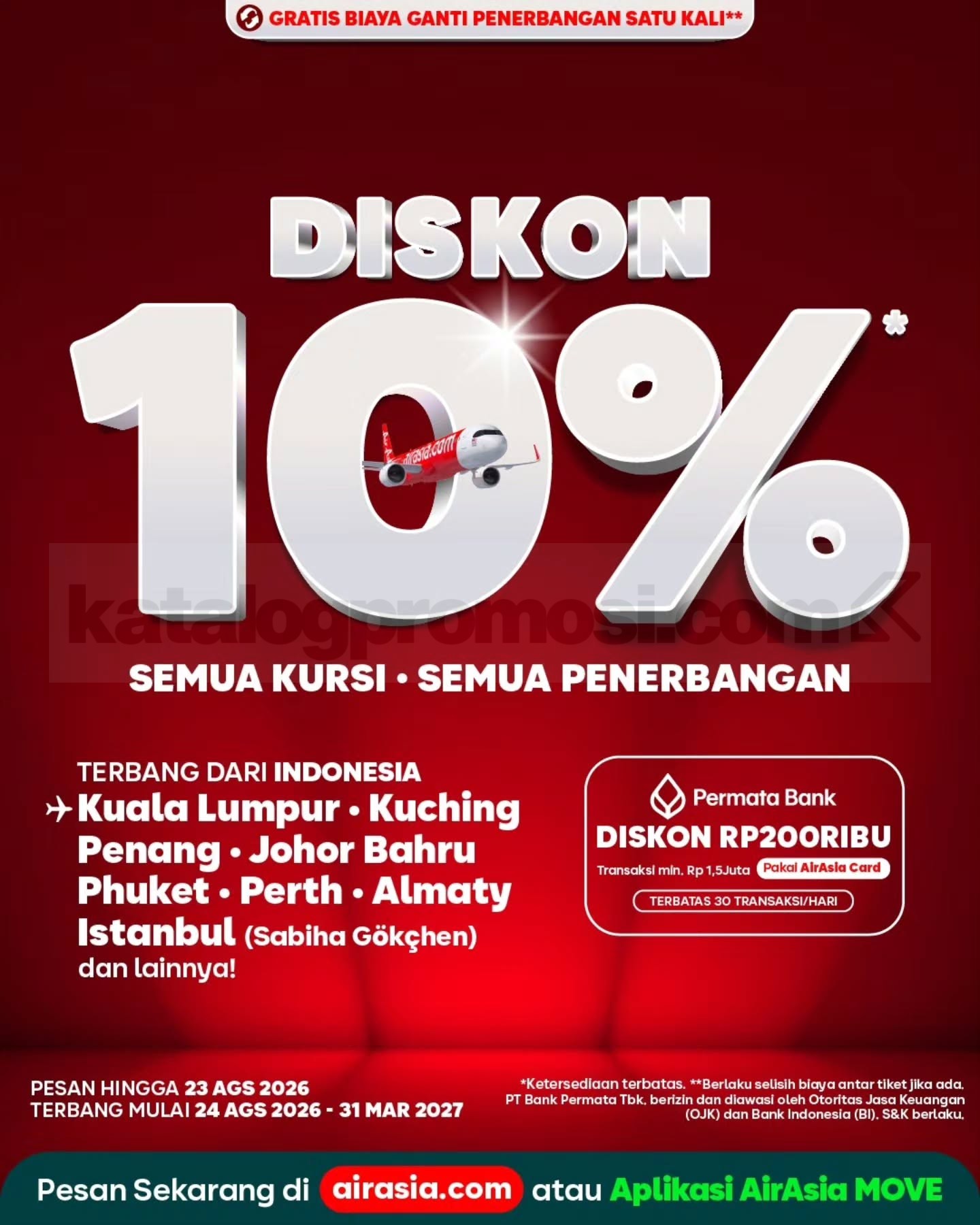 Promo AirAsia Diskon 10% Semua Penerbangan Internasional Promo AirAsia diskon 10% semua penerbangan internasional untuk periode booking 17–23 Agustus 2026.