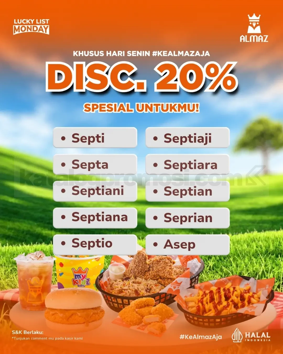 Promo Almaz Fried Chicken Lucky List Monday Diskon 20% Promo Almaz Fried Chicken Lucky List Monday diskon 20% untuk nama-nama pilihan