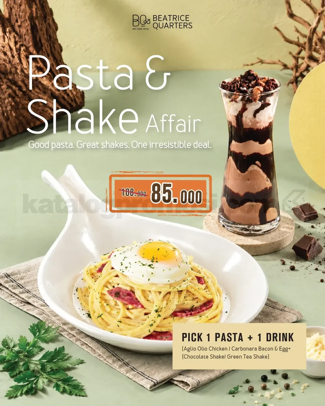 Promo Beatrice Quarters Pasta & Shake Affair Rp85.000 Promo Beatrice Quarters Pasta & Shake Affair Rp85.000 dengan pilihan pasta dan shake