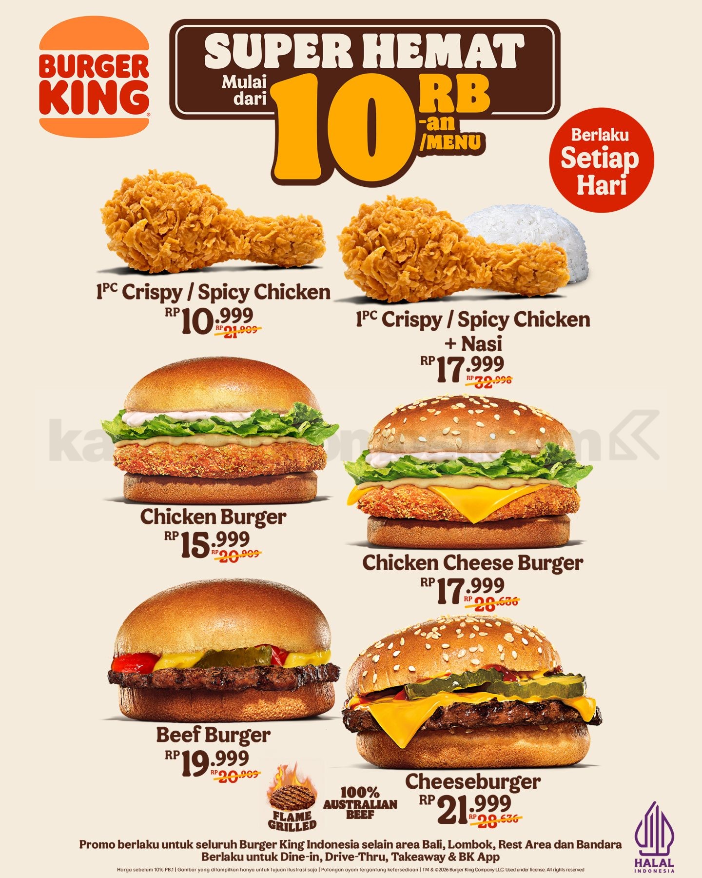 Promo Burger King Super Hemat Mulai Rp10.999 Promo Burger King Super Hemat mulai Rp10.999 dengan pilihan menu ayam dan burger setiap hari