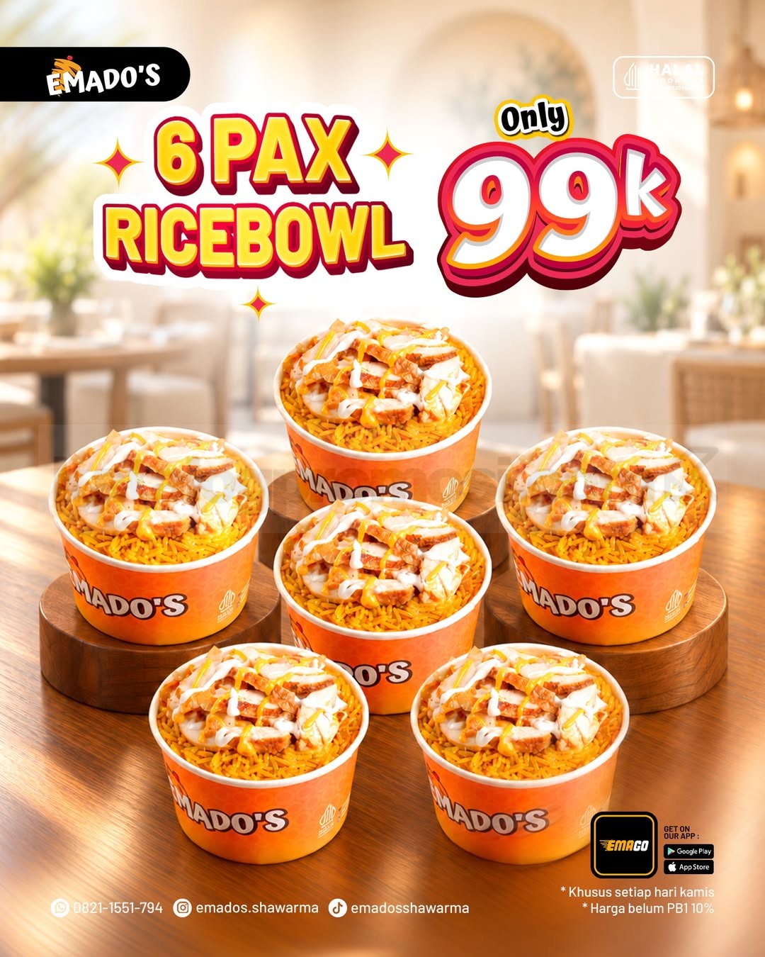 Promo Emado’s 6 Pax Ricebowl Rp99.000 Promo Emado’s 6 Pax Ricebowl Rp99.000 untuk makan bersama enam orang setiap Kamis