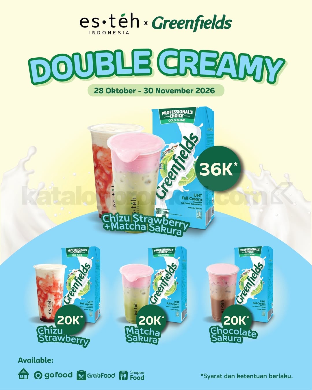 Promo Esteh Indonesia x Greenfields Semangat Muda Mulai Rp10.000 Promo Esteh Indonesia x Greenfields Semangat Muda mulai Rp10.000 dengan pilihan Es Teh Melati Large dan minuman Greenfields.