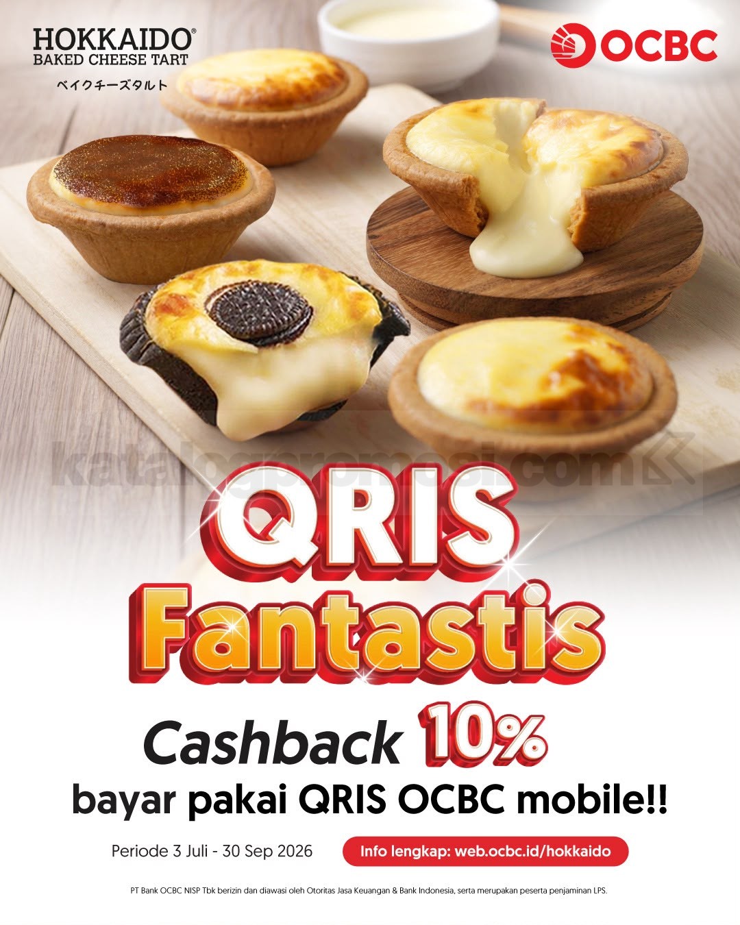 Promo Hokkaido Baked Cheese Tart QRIS OCBC Cashback 10% Promo Hokkaido Baked Cheese Tart QRIS OCBC Cashback 10% hingga Rp. 40.000 untuk pembayaran QRIS Pay OCBC mobile.