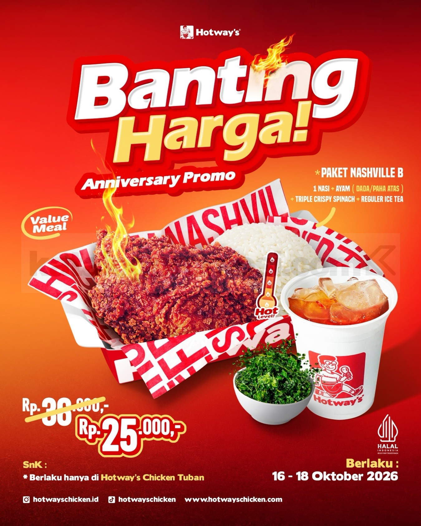 Promo Hotway’s Tuban Anniversary Paket Ayam Rp25.000 Promo Hotway’s Tuban Anniversary Paket Ayam Rp25.000 dengan nasi, ayam, Triple Crispy Spinach, dan es teh