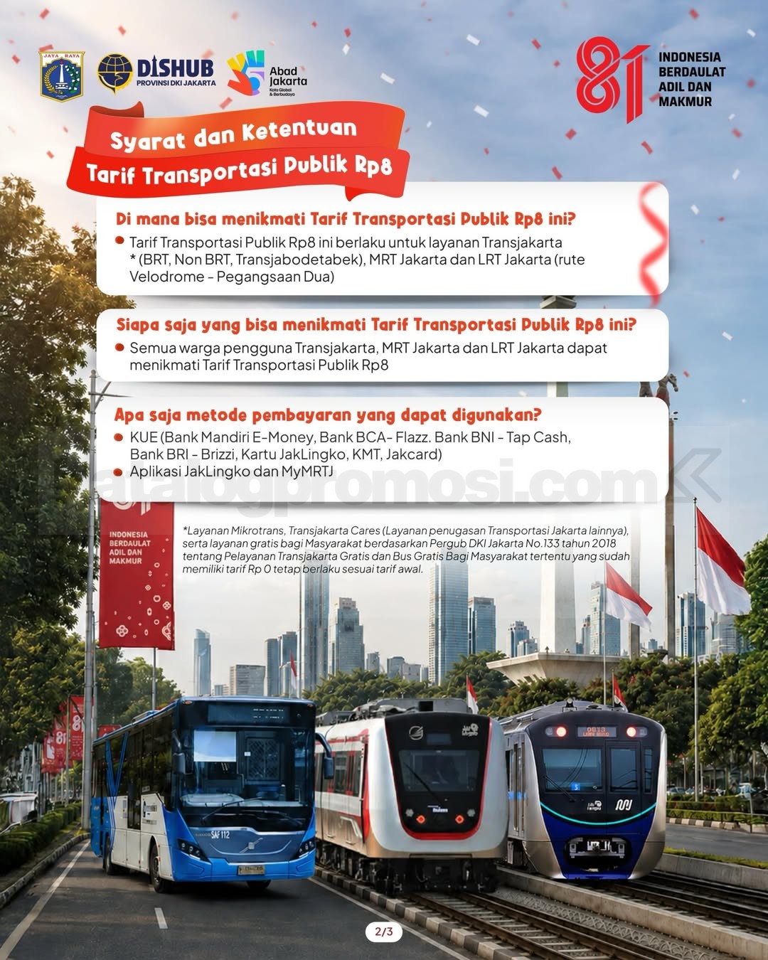 Promo HUT 81 RI Tarif Transjakarta MRT dan LRT Rp 8,-