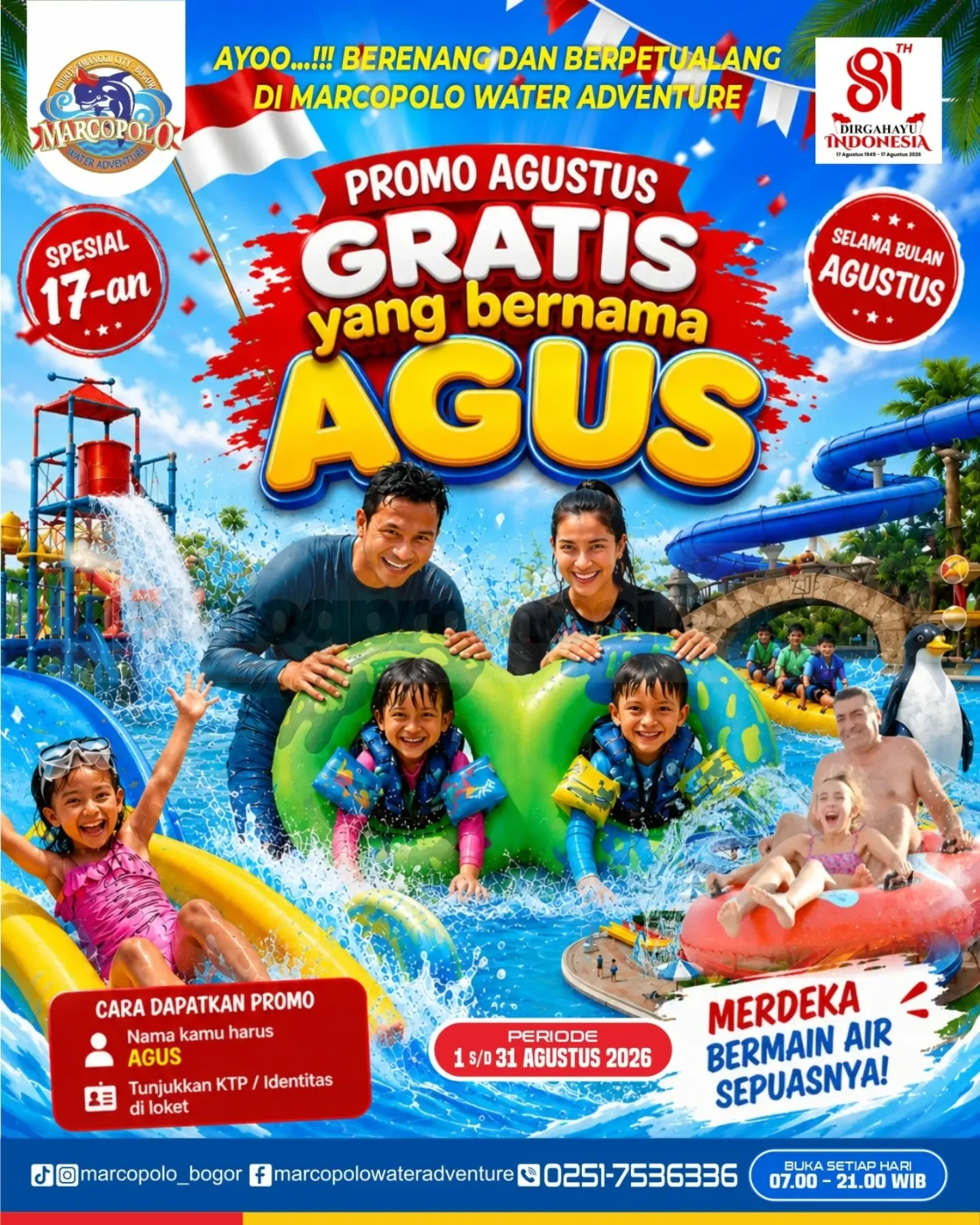Promo Marcopolo Water Adventure Agus Gratis Tiket Masuk Promo Marcopolo Water Adventure Agus Gratis Tiket Masuk selama 1–31 Agustus 2026.