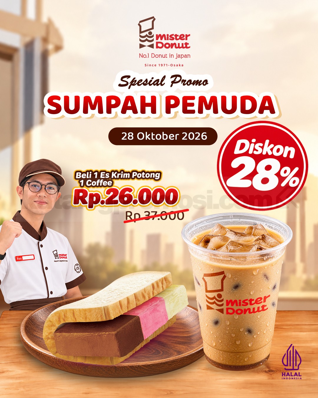 Promo Mister Donut Sumpah Pemuda Es Krim + Coffee Rp26.000 Promo Mister Donut Sumpah Pemuda Es Krim + Coffee Rp26.000 hemat 28% pada 28 Oktober 2026.