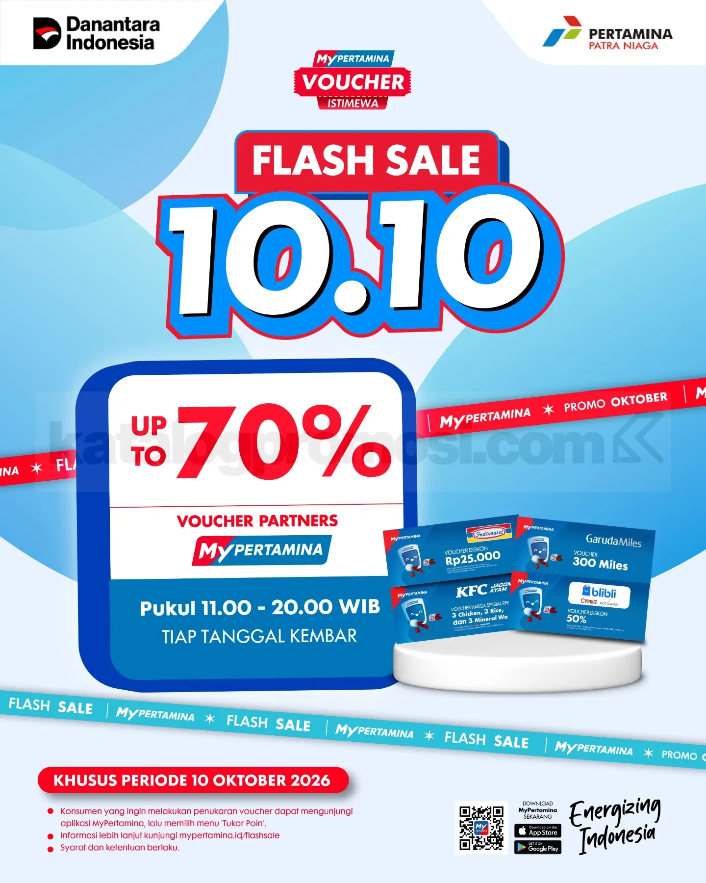 Promo MyPertamina 10.10 Flash Sale Voucher Diskon hingga 70% Promo MyPertamina 10.10 Flash Sale voucher diskon hingga 70% pada 10 Oktober 2026 pukul 11.00–20.00 WIB.