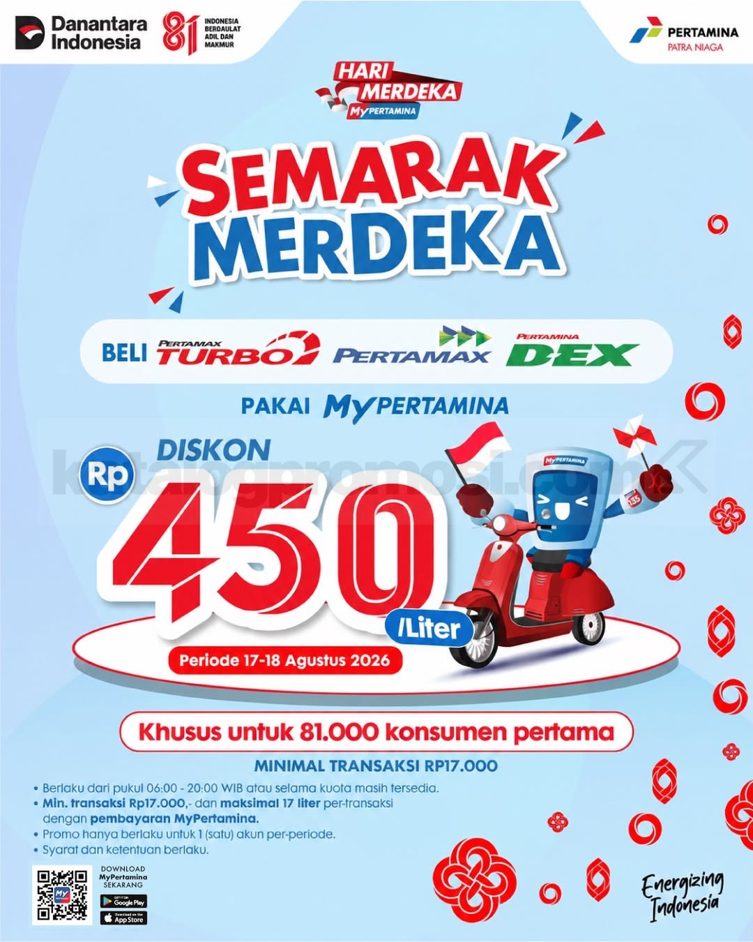 Promo MyPertamina Semarak Merdeka Diskon BBM Rp450/Liter Promo MyPertamina Semarak Merdeka diskon BBM Rp450 per liter pada 17–18 Agustus 2026.