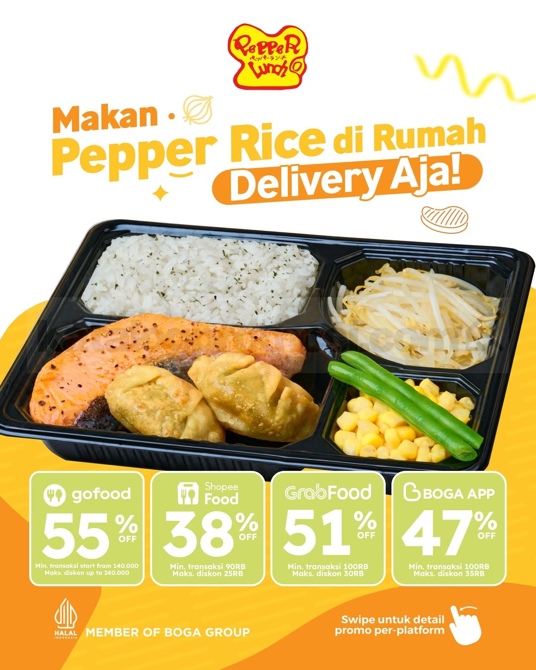 Promo Pepper Lunch Delivery Diskon Hingga 55% Promo Pepper Lunch Delivery diskon hingga 55% via GoFood, ShopeeFood, GrabFood, dan BOGA App