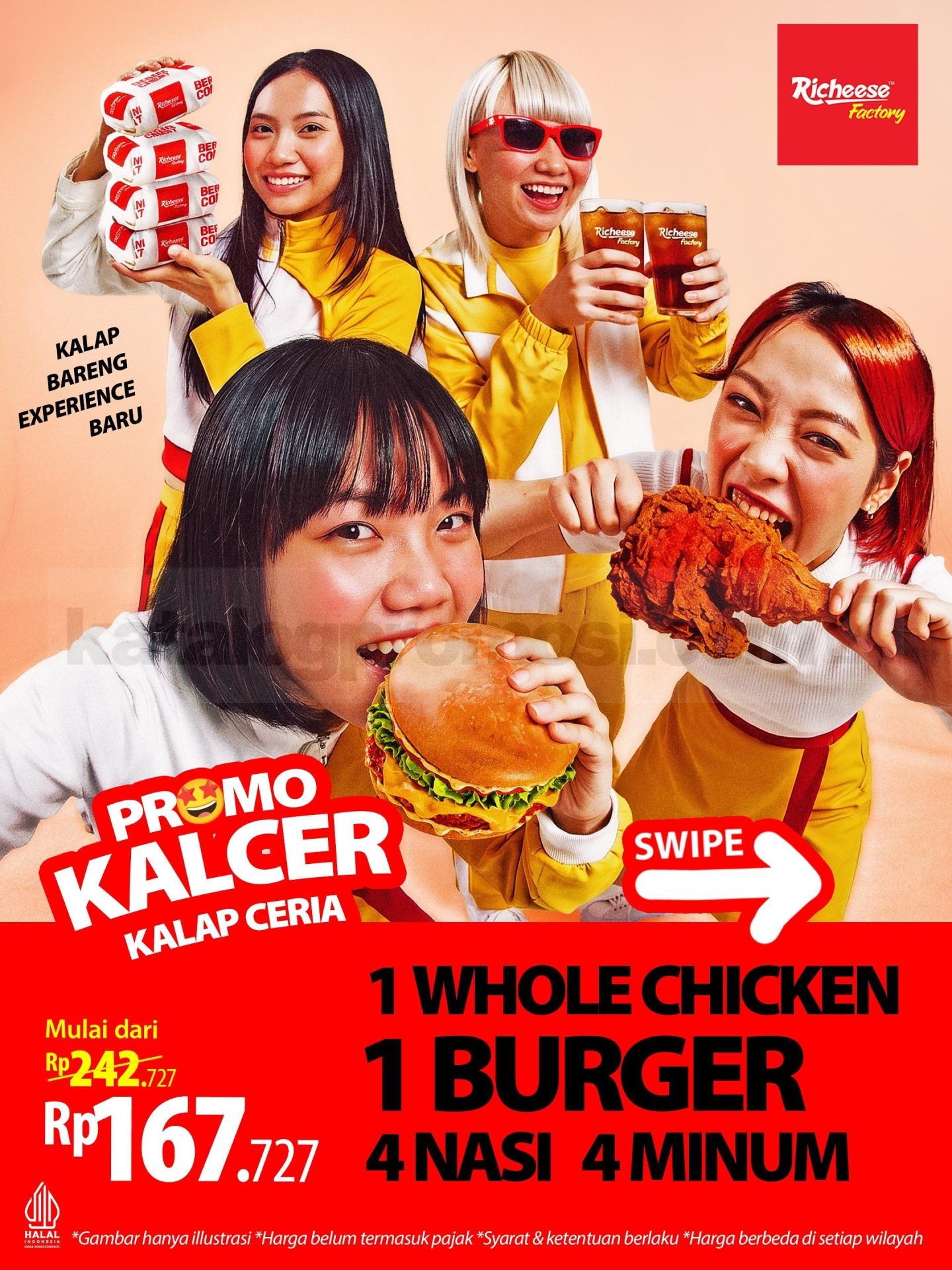 Promo Richeese Factory KALCER Paket Combo Mulai Rp. 167.727 Promo Richeese Factory KALCER combo whole chicken dan burger mulai Rp. 167.727