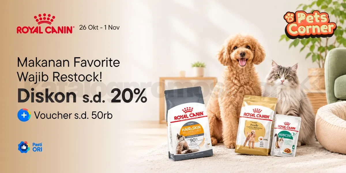 Promo Royal Canin Diskon hingga 20% dan Voucher Rp50.000 Promo Royal Canin diskon hingga 20% dan voucher Rp50.000 di Blibli pada 26 Oktober–1 November 2026.