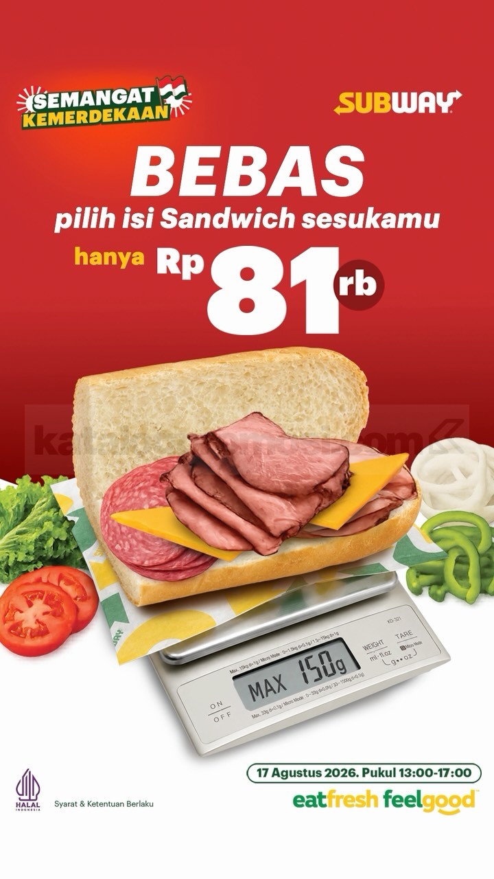 Promo Subway 17 Agustus Bebas Isi Sandwich Semaunya Cuma Rp81.000 Promo Subway 17 Agustus bebas isi 6-inch Sandwich semaunya seharga Rp81.000 pukul 13.00–17.00.