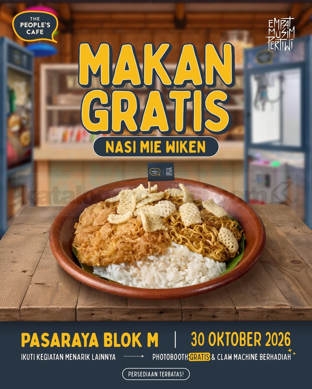 Promo The People’s Cafe Makan Gratis Nasi Mie Wiken Promo The People’s Cafe Makan Gratis Nasi Mie Wiken dengan 150 porsi gratis di Pasaraya Blok M pada 30 Oktober 2026.