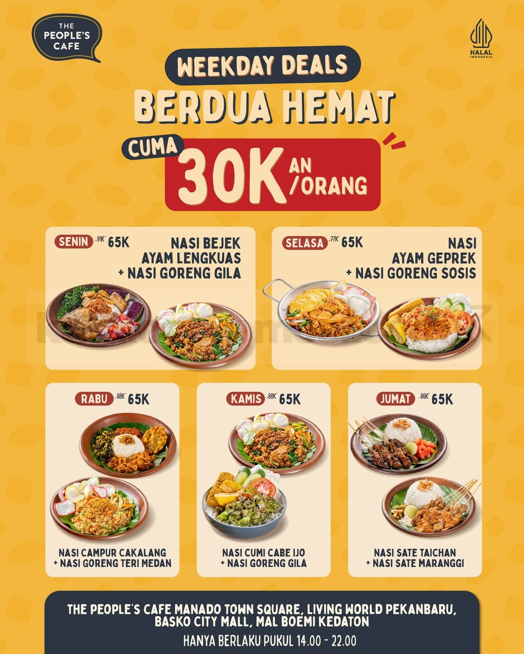 Promo The People’s Cafe Weekday Deals Berdua Rp30 Ribuan Promo The People’s Cafe Weekday Deals Berdua Rp30 Ribuan dengan pilihan paket menu Senin hingga Jumat.