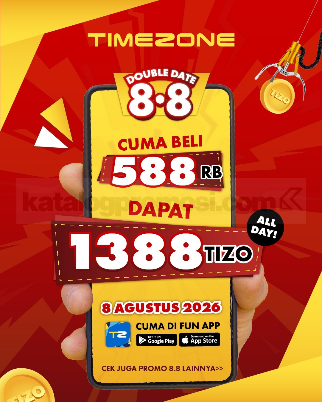 Promo Timezone 8.8 Dapat Bonus Saldo Tizo Promo Timezone 8.8 Dapat Bonus Saldo Tizo melalui Flash Sale di menu Reload Fun App khusus 8 Agustus.