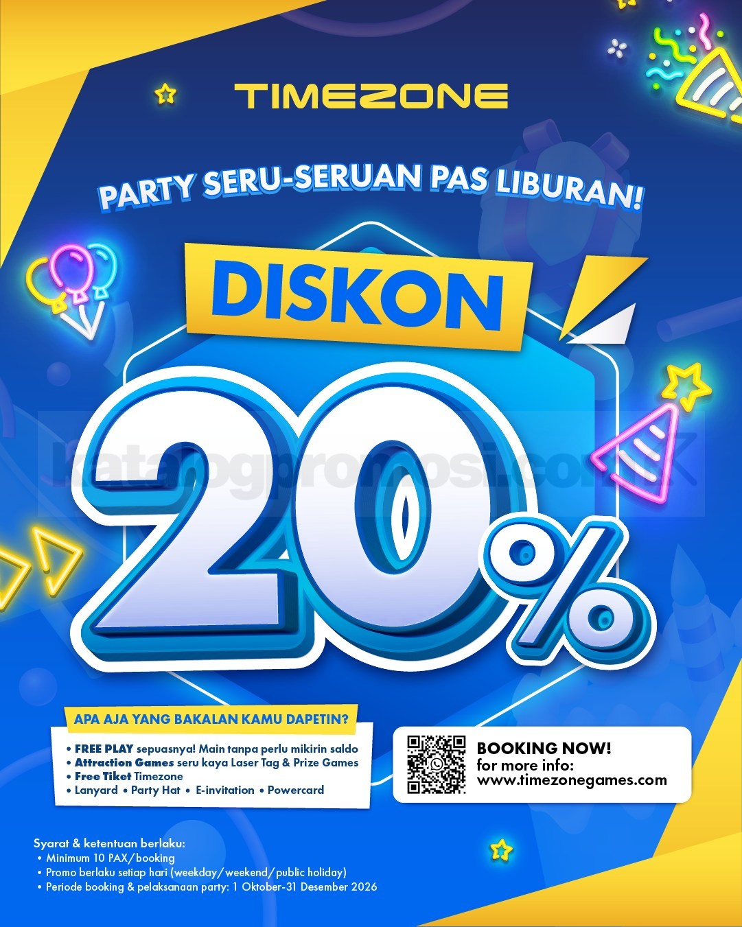 Promo Timezone Party Happy Diskon 20% Promo Timezone Party Happy Diskon 20% untuk Birthday Package dan Corporate Package hingga akhir 2026.