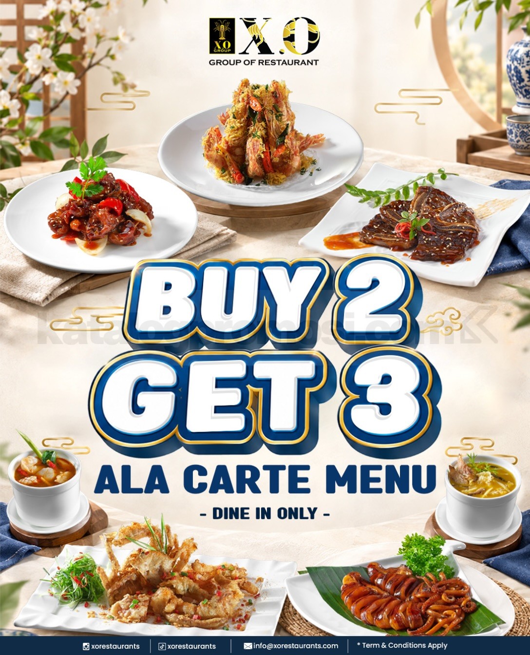 Promo X.O Buy 2 Get 3 Menu À La Carte Promo X.O Buy 2 Get 3 Menu À La Carte untuk dine-in setiap hari mulai 21 Oktober 2026 di dua outlet pilihan.