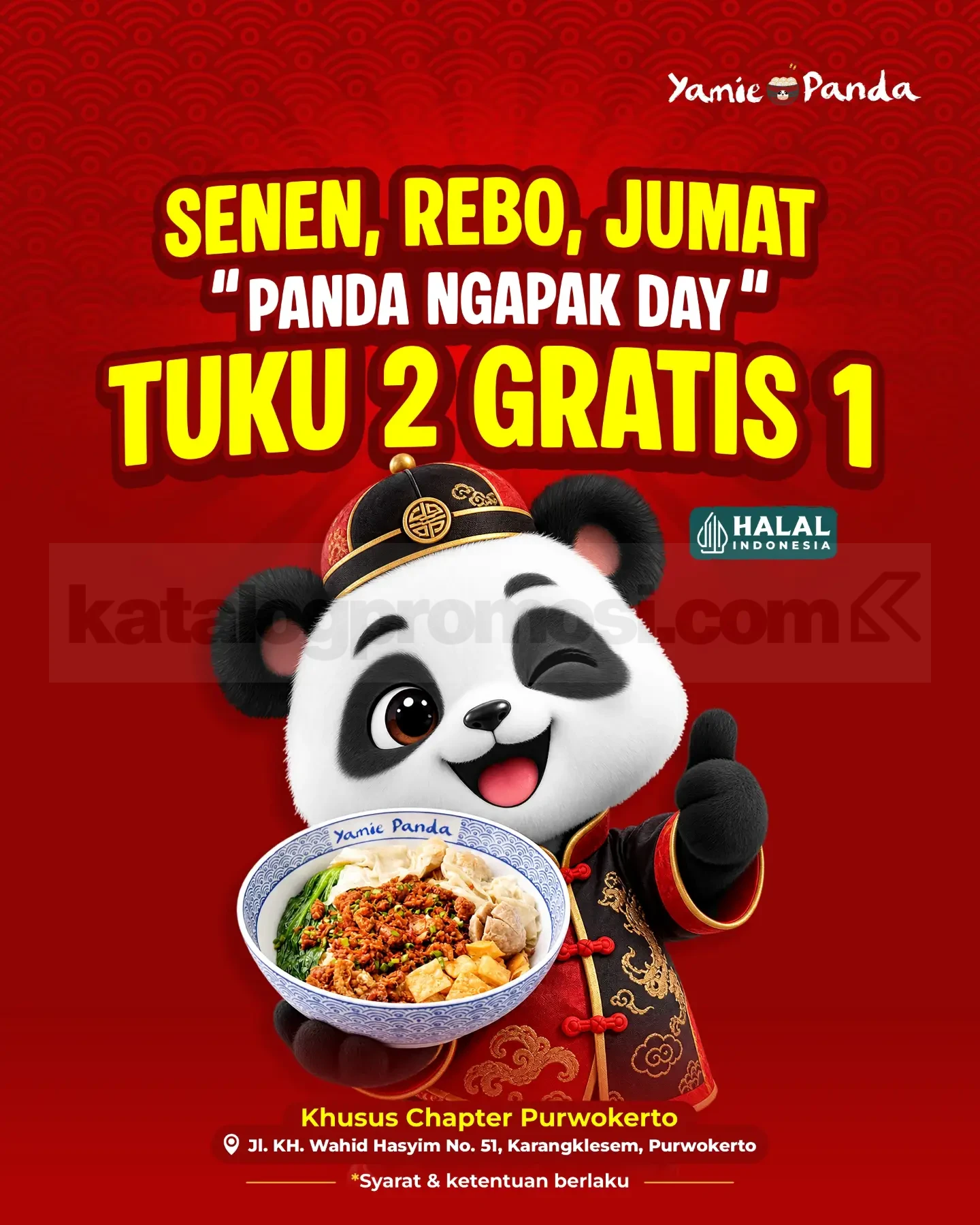 Promo Yamie Panda Ngapak Day Tuku 2 Gratis 1 Promo Yamie Panda Ngapak Day Tuku 2 Gratis 1 di Chapter Purwokerto setiap Senin, Rabu, dan Jumat