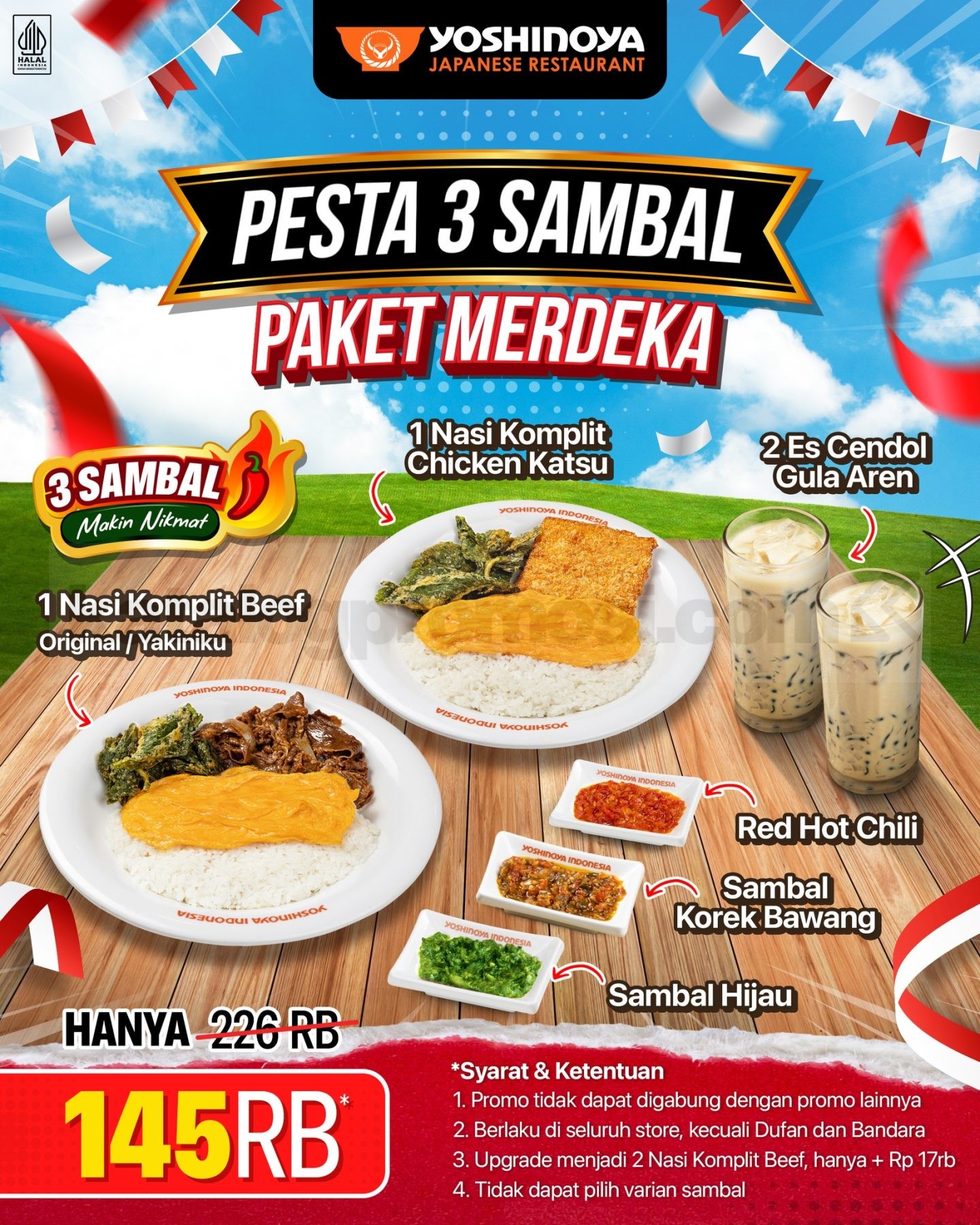 Promo Yoshinoya Paket Merdeka Hemat Rp81RB Promo Yoshinoya Paket Merdeka Hemat Rp81.000 dengan 3 sambal dan 2 Es Cendol Gula Aren