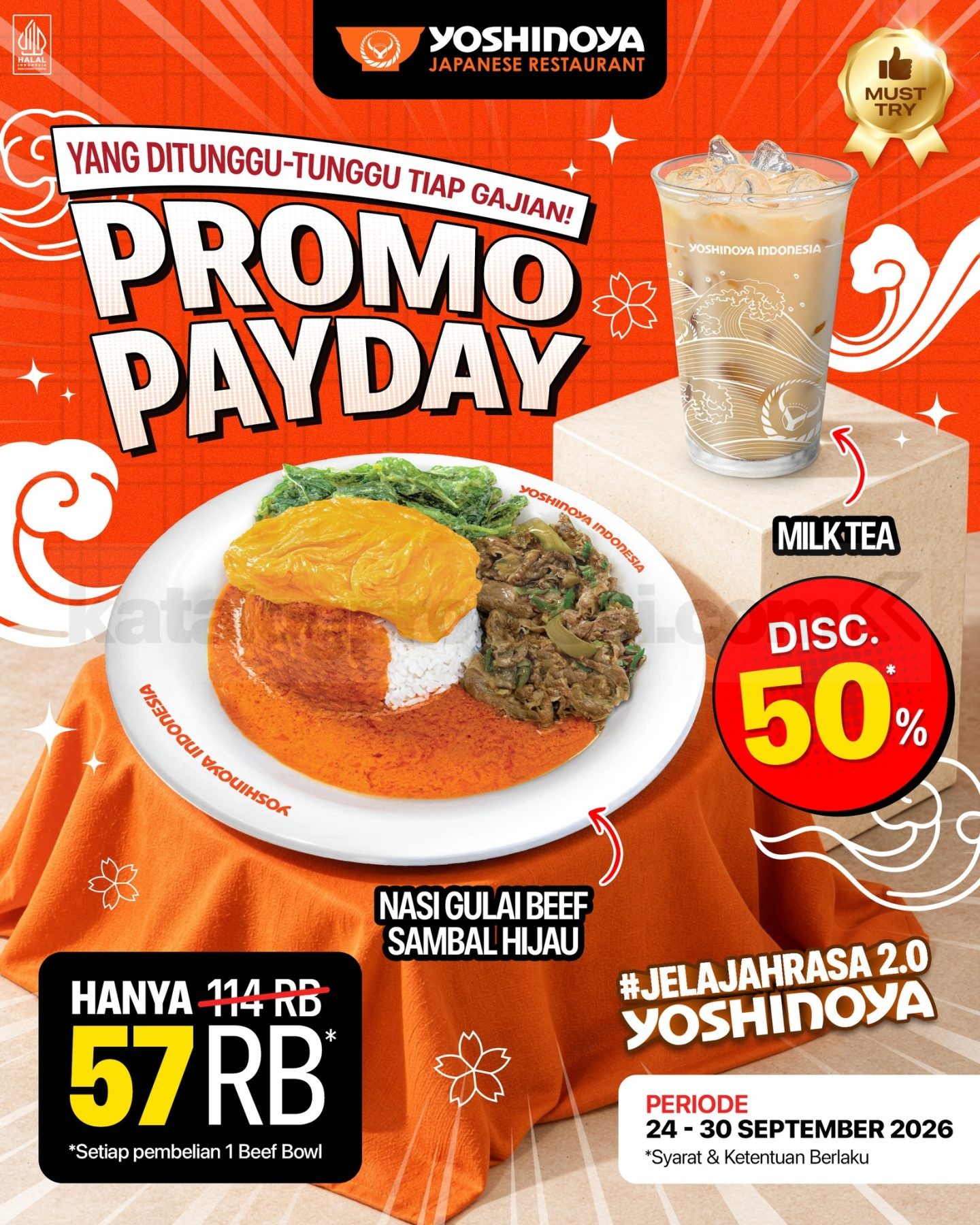 Promo Yoshinoya Payday Nasi Gulai Beef Diskon 50% Promo Yoshinoya Payday Nasi Gulai Beef diskon 50% dengan Milk Tea Rp57.000