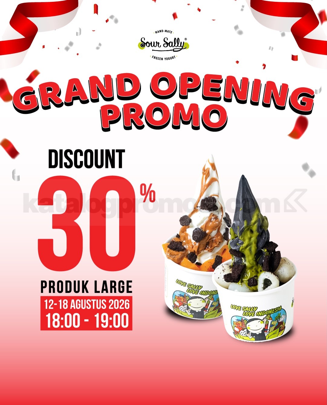 Promo Sour Sally Now Open Gambir Diskon 30% Promo Sour Sally Now Open Gambir diskon 30% Large Cup pada 12–18 Agustus 2026 pukul 18.00–19.00 WIB.