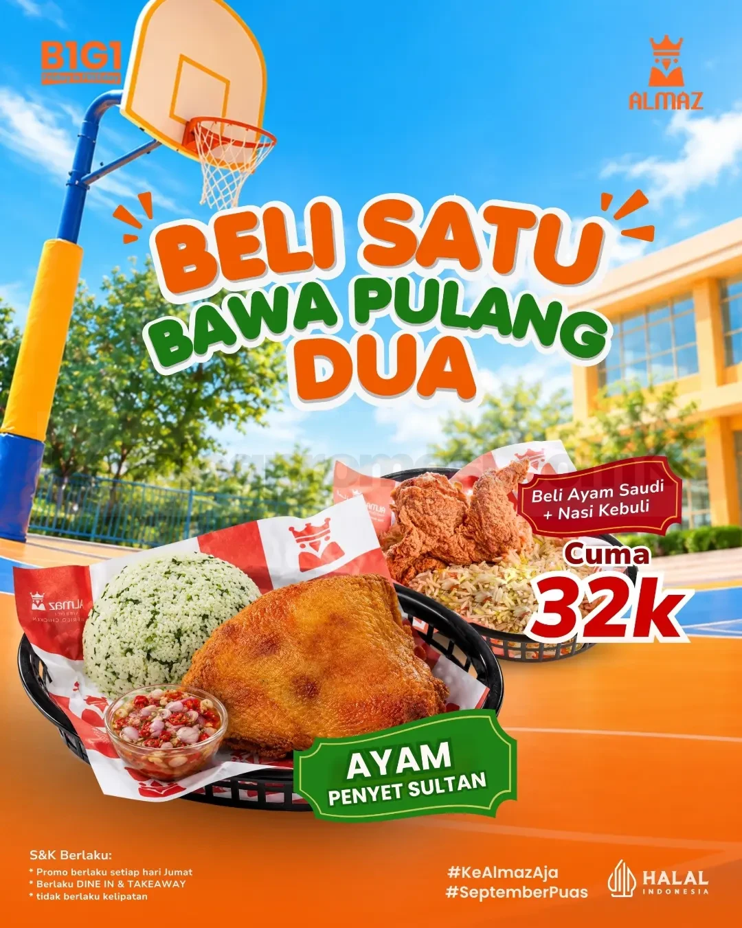 Promo Almaz Fried Chicken Ayam Saudi + Nasi Kebuli Cuma Rp32.000 Promo Almaz Fried Chicken Ayam Saudi + Nasi Kebuli Rp32.000 gratis Ayam Penyet Sultan