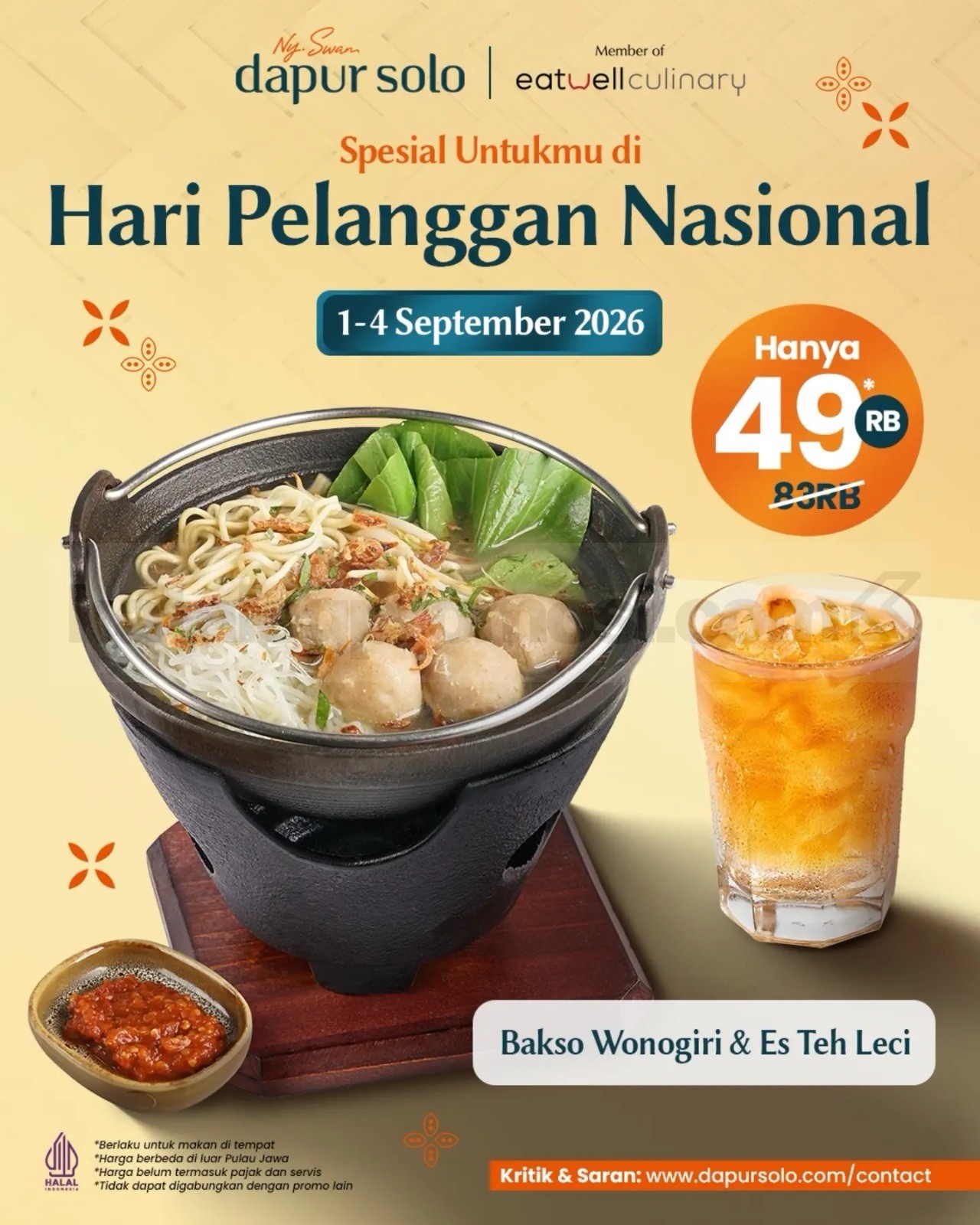 Promo Dapur Solo Harpelnas Bakso + Es Teh Leci Cuma Rp. 49 Ribu Promo Dapur Solo Harpelnas Bakso + Es Teh Leci Rp49 Ribu untuk dine-in
