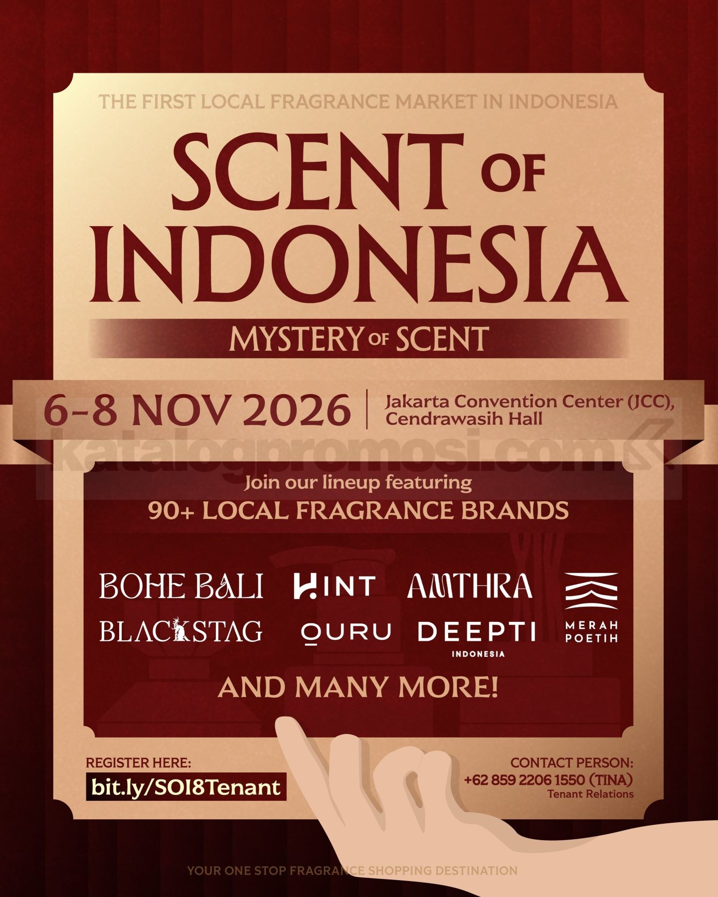 Scent of Indonesia Vol. 8 Hadir di JCC November 2026 Scent of Indonesia Vol. 8: Mystery of Scent di JCC pada 6–8 November 2026 pukul 10.00–22.00 WIB.